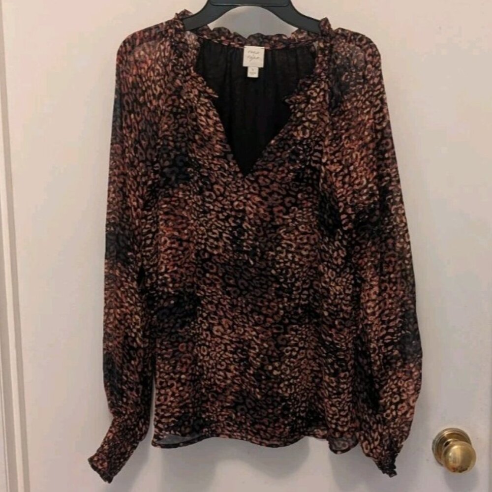 Roan & Ryan Semi Sheer Abstract Pattern Blouse with Ruffled Sleeves, Size S